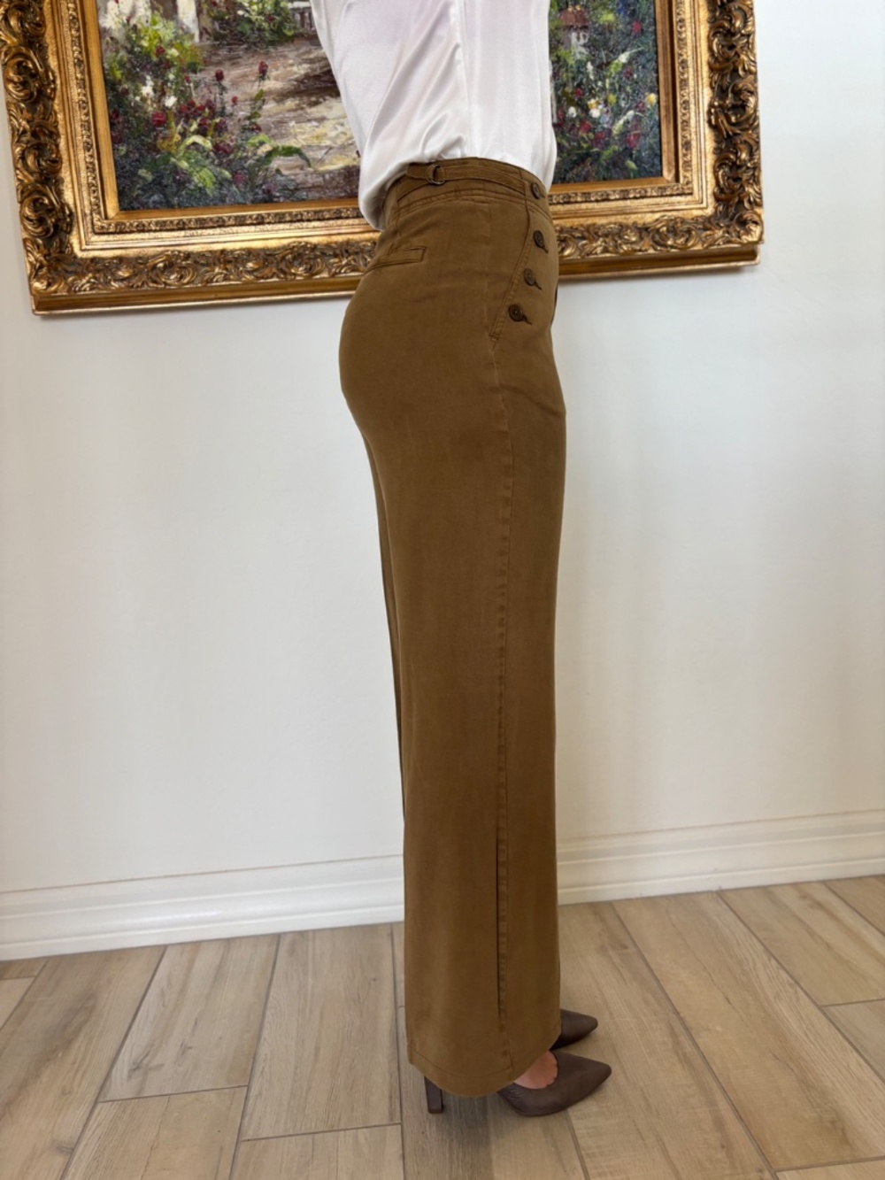 Sundance Oaklee Easy Tencel Pants  Khaki Wide Leg Button Detail Size 2 - Picture 3 of 11